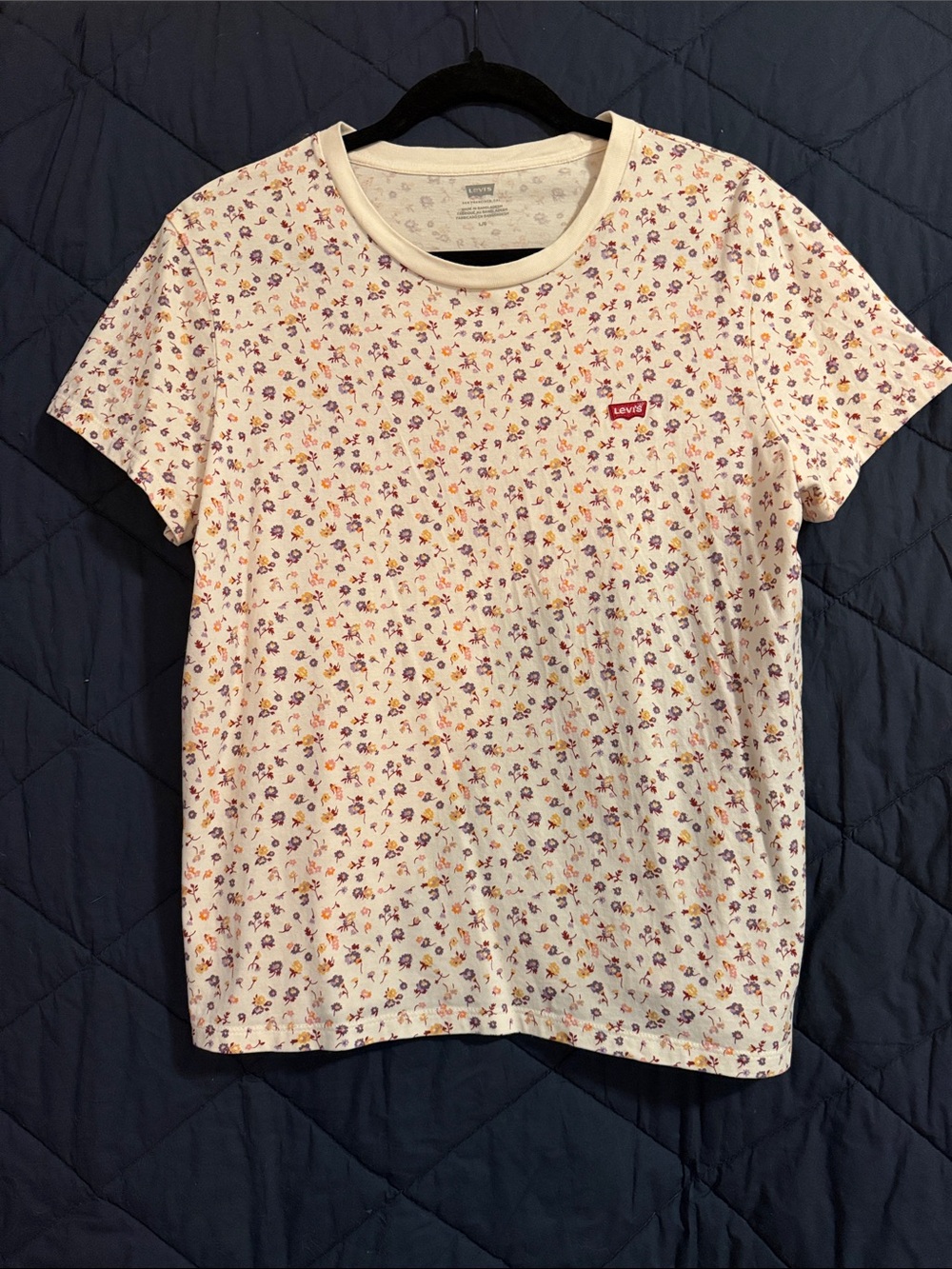 Levi's White Floral Crewneck Short Sleeve Tee with Tiny Purple & Yellow Blooms